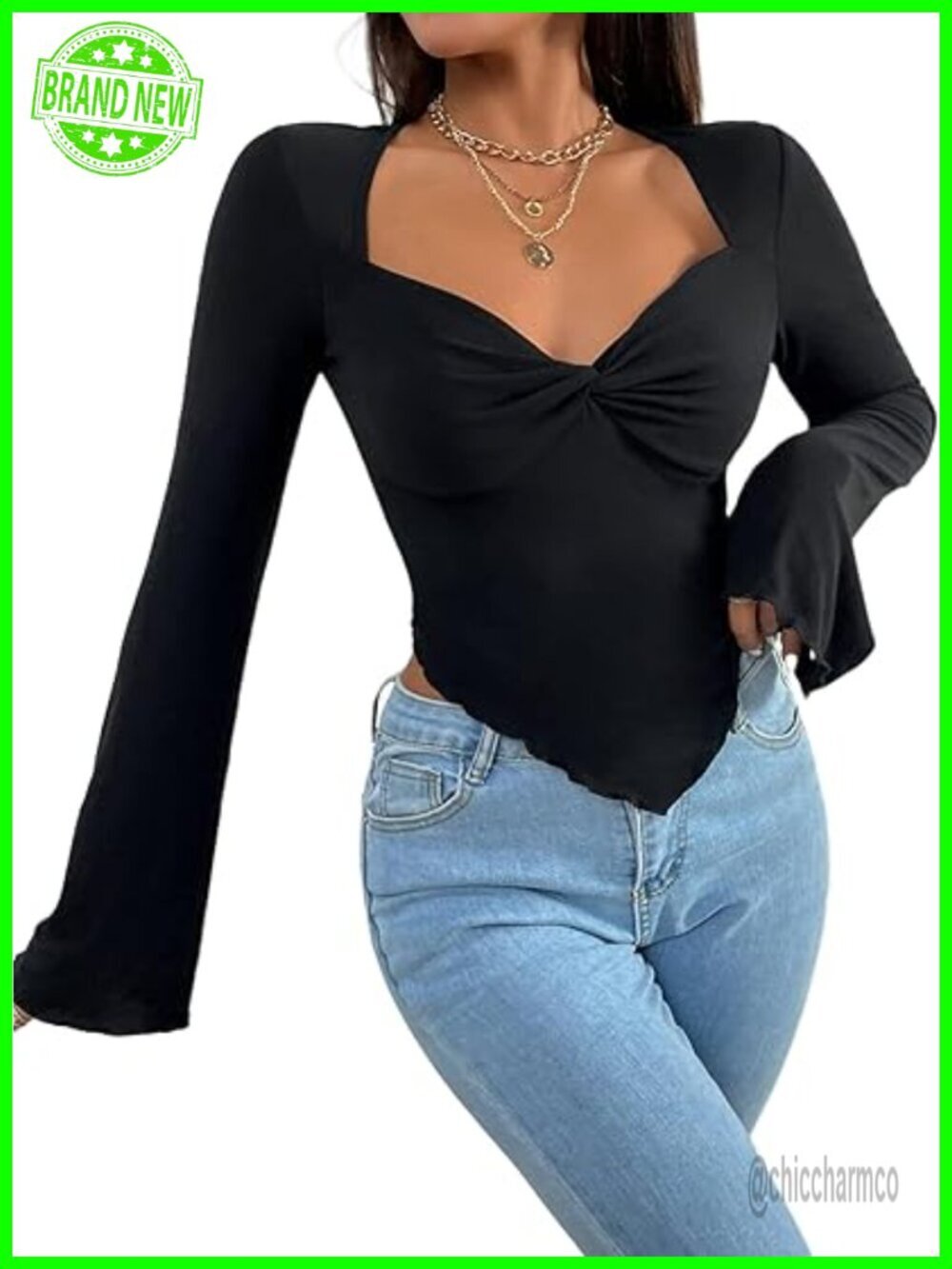 Long Sleeve Square Neck Crop Top Twist Front Asymmetrical Shirt